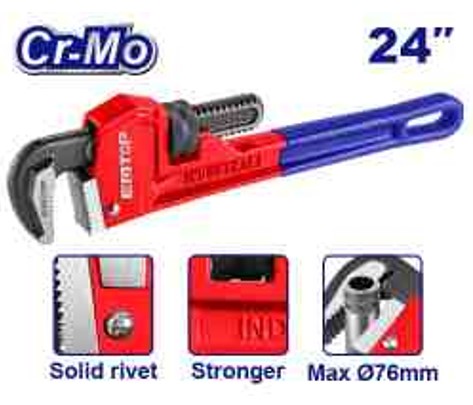 Professional 24" Pipe Wrench 600mm Max 76mm Clamping - Cr-Mo Mobile Jaw Ductile Cast Iron Black Finish Polish Solid Rivet Hand Tool Paper Card